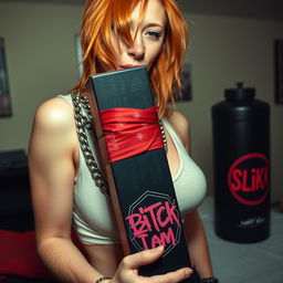 A close-up, torso shot of a sexy female redhead with a large chest, wearing a tank top adorned with punk chains