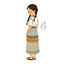 Illustration of a young girl standing facing forward but looking down, with a realistic face in a full body view