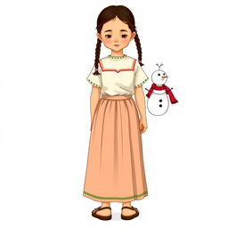Illustration of a young girl standing facing forward but looking down, with a realistic face in a full body view