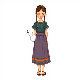 Illustration of a young girl standing facing forward but looking down, with a realistic face in a full body view