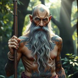 A fantasy monk with tanned skin, depicting an old man who is shirtless and very thin