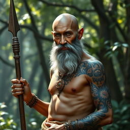 A fantasy monk with tanned skin, depicting an old man who is shirtless and very thin