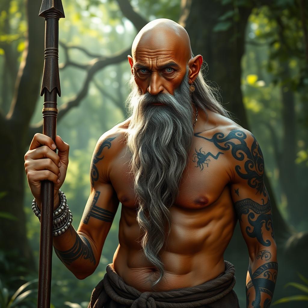 A fantasy monk with tanned skin, depicting an old man who is shirtless and very thin