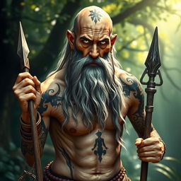 A fantasy monk with tanned skin, depicting an old man who is shirtless and very thin