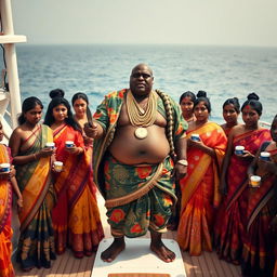 An angry fat African man in vibrant traditional attire, adorned with numerous shining gold chains, stands assertively on a luxurious yacht, holding a knife in one hand