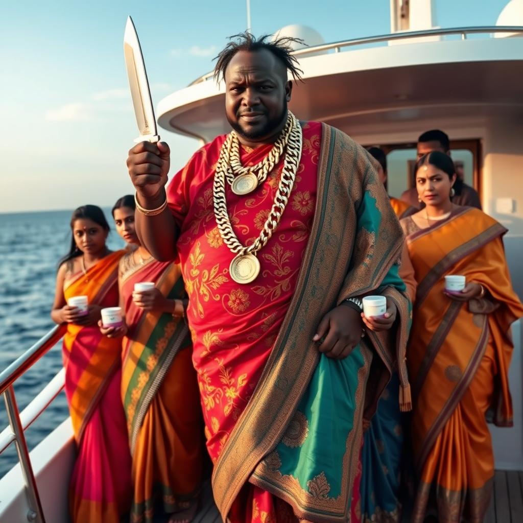 An angry fat African man in vibrant traditional attire, adorned with numerous shining gold chains, stands assertively on a luxurious yacht, holding a knife in one hand