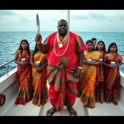 An angry fat African man in vibrant traditional attire, adorned with numerous shining gold chains, stands assertively on a luxurious yacht, holding a knife in one hand
