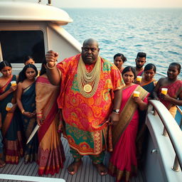 An angry fat African man in vibrant traditional attire, adorned with numerous shining gold chains, stands assertively on a luxurious yacht, holding a knife in one hand