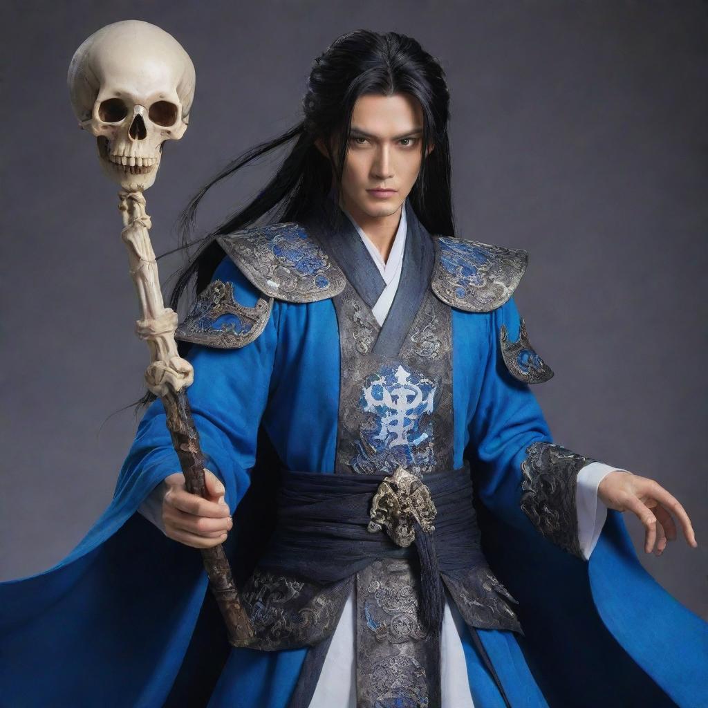 Heroic figure Tang San from the Chinese fantasy novel series, Douluo Dalu. He has jet-black hair, deep blue eyes, and carries the ten-headed skeletal spirit bone.