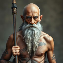 An elderly man with tanned skin, bald head, and a very long grey beard