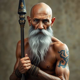 An elderly man with tanned skin, bald head, and a very long grey beard