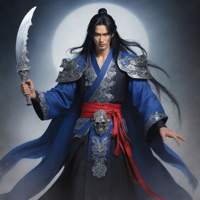 Heroic figure Tang San from the Chinese fantasy novel series, Douluo Dalu. He has jet-black hair, deep blue eyes, and carries the ten-headed skeletal spirit bone.