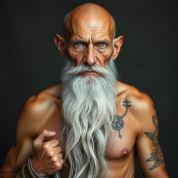 An elderly man with tanned skin, bald head, and a very long grey beard