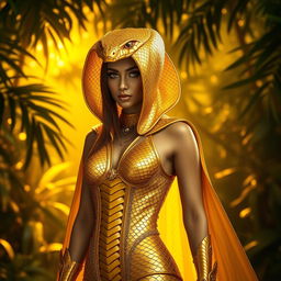 A stunning golden cobra costume that shimmers with intricate details, featuring scales that catch the light, a hood that flares out dramatically, and exquisite embellishments such as gems and sequins