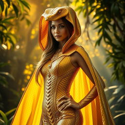 A stunning golden cobra costume that shimmers with intricate details, featuring scales that catch the light, a hood that flares out dramatically, and exquisite embellishments such as gems and sequins