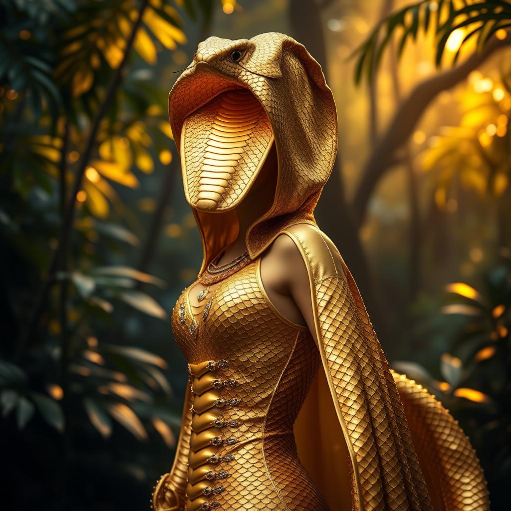 A stunning golden cobra costume that shimmers with intricate details, featuring scales that catch the light, a hood that flares out dramatically, and exquisite embellishments such as gems and sequins