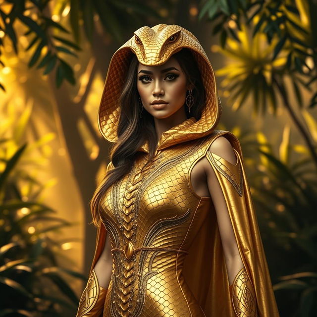 A stunning golden cobra costume that shimmers with intricate details, featuring scales that catch the light, a hood that flares out dramatically, and exquisite embellishments such as gems and sequins