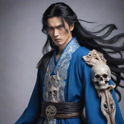 Heroic figure Tang San from the Chinese fantasy novel series, Douluo Dalu. He has jet-black hair, deep blue eyes, and carries the ten-headed skeletal spirit bone.