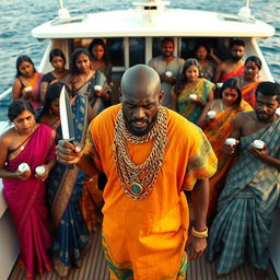 An angry African man in vibrant traditional attire, adorned with numerous shiny gold chains, stands assertively on a luxurious yacht, holding a knife in one hand