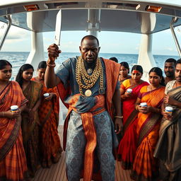 An angry African man in vibrant traditional attire, adorned with numerous shiny gold chains, stands assertively on a luxurious yacht, holding a knife in one hand