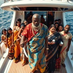 An angry African man in vibrant traditional attire, adorned with numerous shiny gold chains, stands assertively on a luxurious yacht, holding a knife in one hand