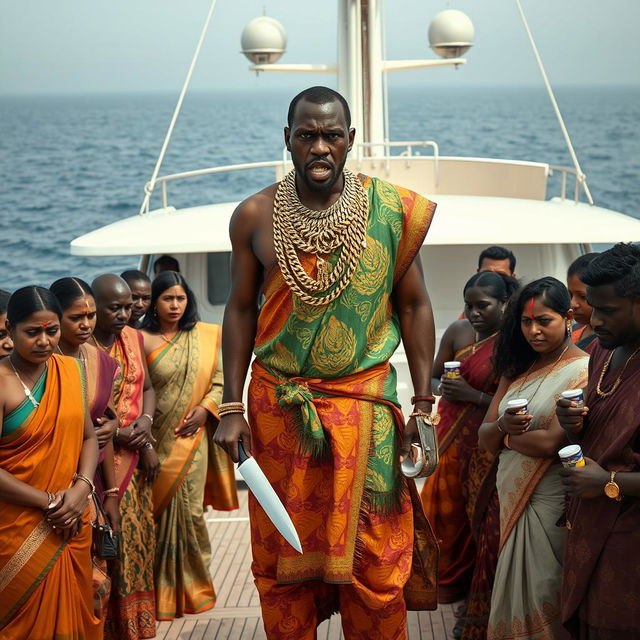 An angry African man in vibrant traditional attire, adorned with numerous shiny gold chains, stands assertively on a luxurious yacht, holding a knife in one hand