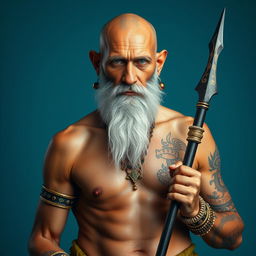 An elderly man with tanned skin and a very long grey beard stands shirtless, showcasing his thin yet muscular physique