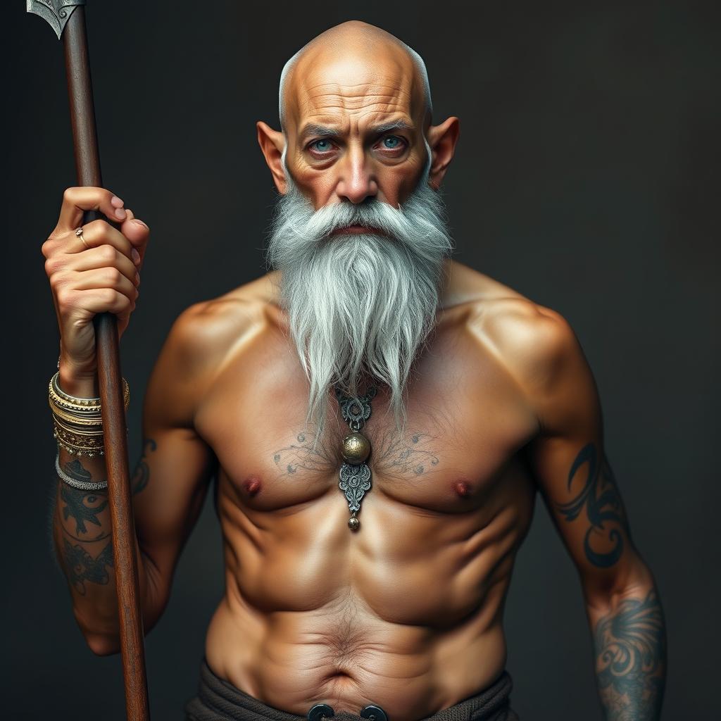 An elderly man with tanned skin and a very long grey beard stands shirtless, showcasing his thin yet muscular physique