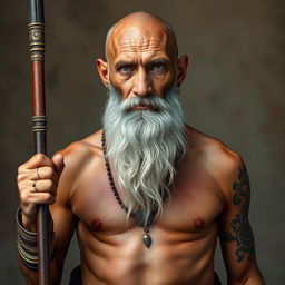 An elderly man with tanned skin and a very long grey beard stands shirtless, showcasing his thin yet muscular physique