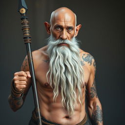 An elderly man with tanned skin and a very long grey beard stands shirtless, showcasing his thin yet muscular physique