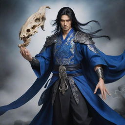 Heroic figure Tang San from the Chinese fantasy novel series, Douluo Dalu. He has jet-black hair, deep blue eyes, and carries the ten-headed skeletal spirit bone.