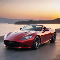 A luxury sports car with a sleek design and gleaming red paint, parked against a sunset backdrop.