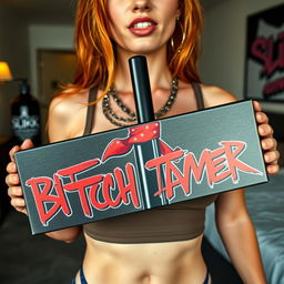 A close-up shot focusing on a sexy female redhead, showcasing her torso and a large chest