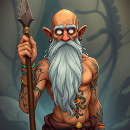 A fantasy environment featuring an old man with tanned skin, bald head, and an exceptionally long grey beard