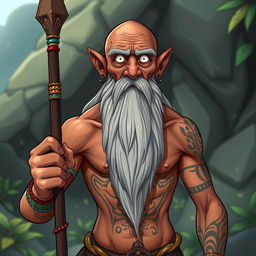 A fantasy environment featuring an old man with tanned skin, bald head, and an exceptionally long grey beard