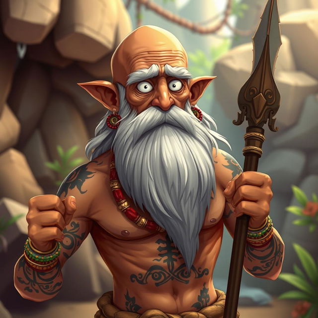 A fantasy environment featuring an old man with tanned skin, bald head, and an exceptionally long grey beard