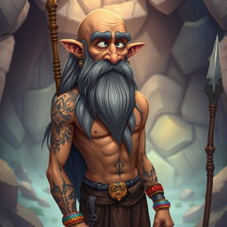 A fantasy environment featuring an old man with tanned skin, bald head, and an exceptionally long grey beard