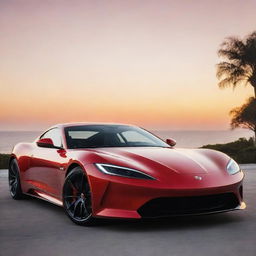 A luxury sports car with a sleek design and gleaming red paint, parked against a sunset backdrop.