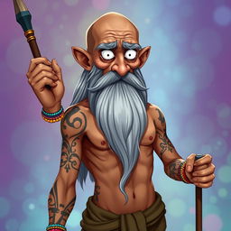A cartoon portrayal of an old man with tanned skin, exhibiting a very long grey beard and bald head