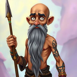 A cartoon portrayal of an old man with tanned skin, exhibiting a very long grey beard and bald head
