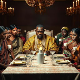 An angry African man in vibrant traditional attire, adorned with an abundance of glimmering gold chains, sits at a grand dining table