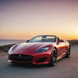 A luxury sports car with a sleek design and gleaming red paint, parked against a sunset backdrop.