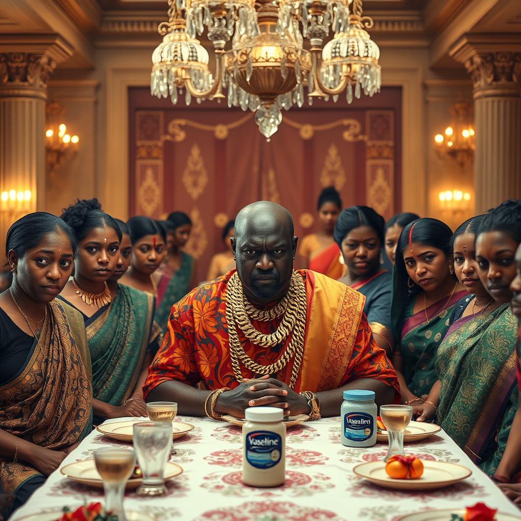 An angry African man in vibrant traditional attire, adorned with an abundance of glimmering gold chains, sits at a grand dining table