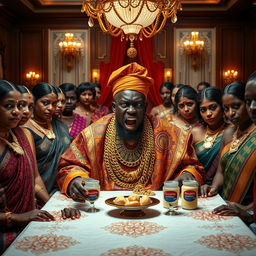 An angry African man in vibrant traditional attire, adorned with an abundance of glimmering gold chains, sits at a grand dining table