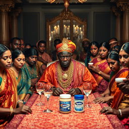 An angry African man in vibrant traditional attire, adorned with an abundance of glimmering gold chains, sits at a grand dining table