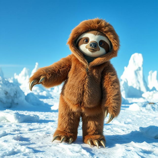 A cozy sloth costume inspired by the Ice Age era, featuring a furry exterior that is soft and warm looking