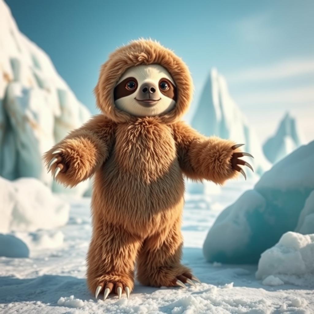 A cozy sloth costume inspired by the Ice Age era, featuring a furry exterior that is soft and warm looking