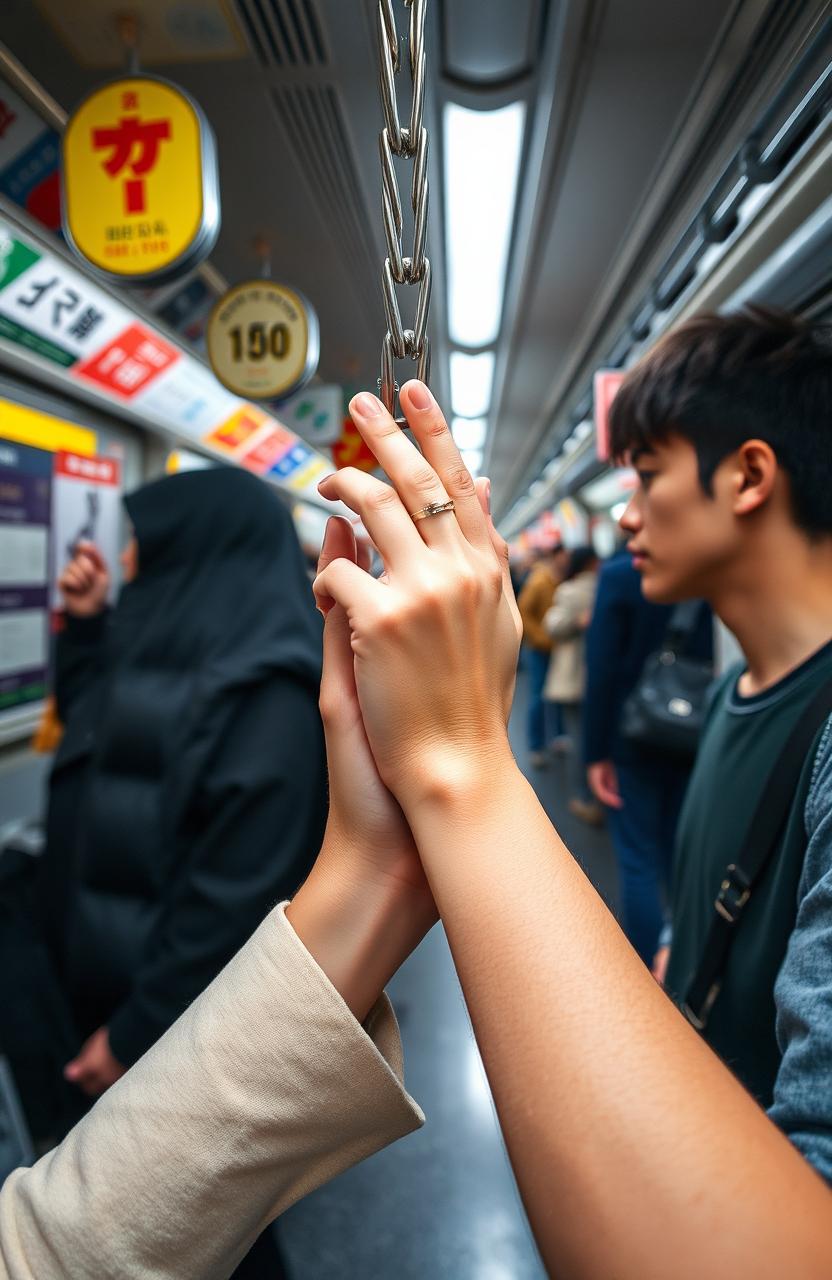 A scene set in a busy Tokyo subway, featuring two hands intertwined in a love chain