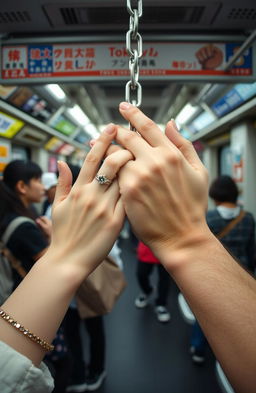 A scene set in a busy Tokyo subway, featuring two hands intertwined in a love chain