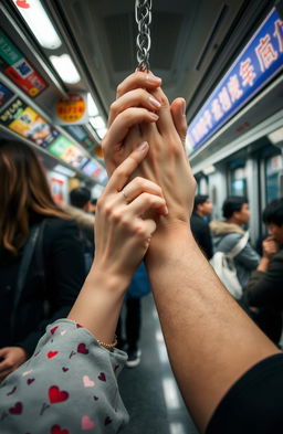 A scene set in a busy Tokyo subway, featuring two hands intertwined in a love chain